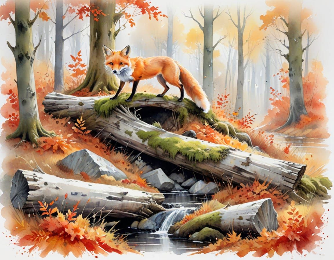 Autumn Forest Clearing with Fox, Watercolor Illustration