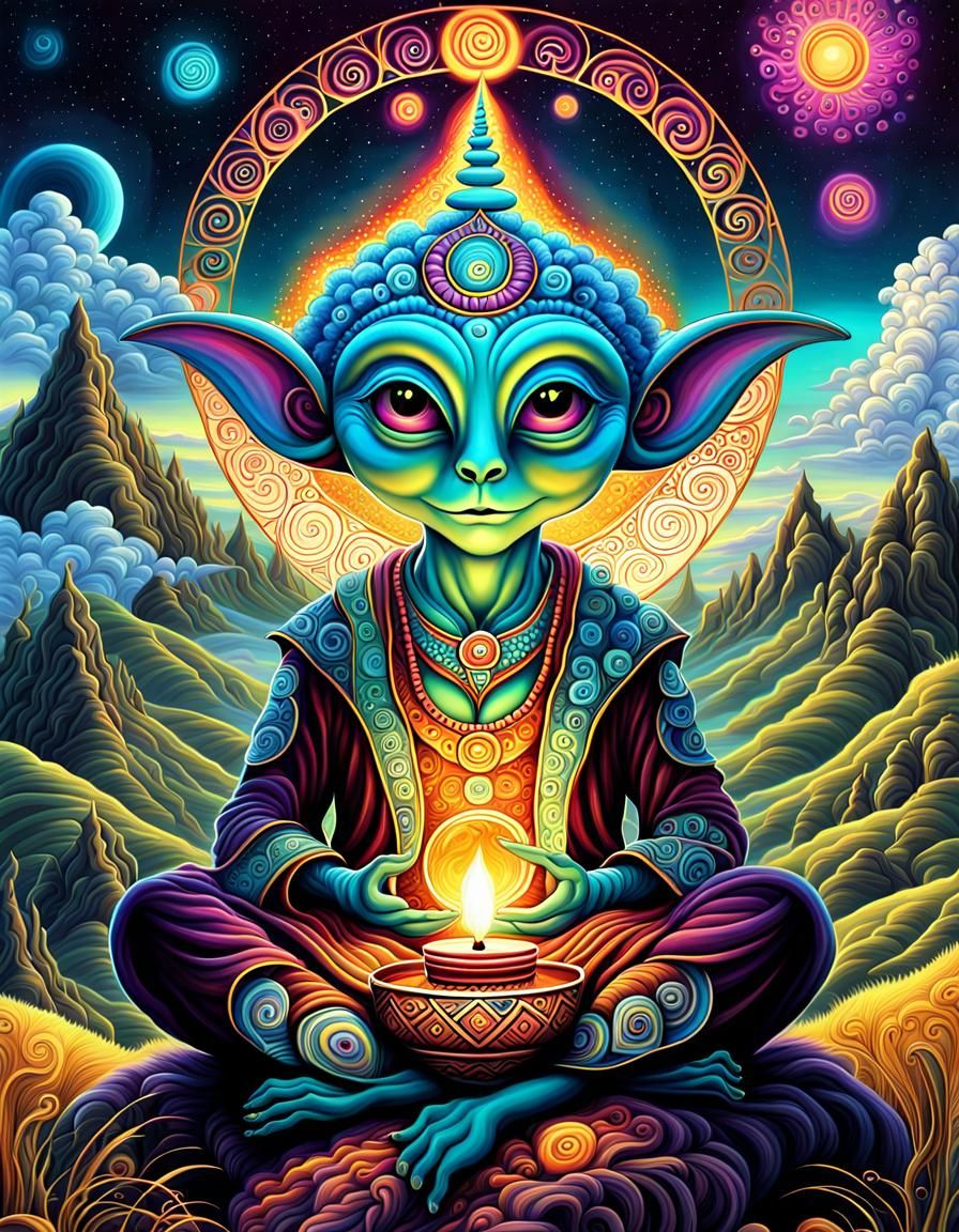 Fluffy Alien Meditation: Fractal Zentangle Airbrush Art