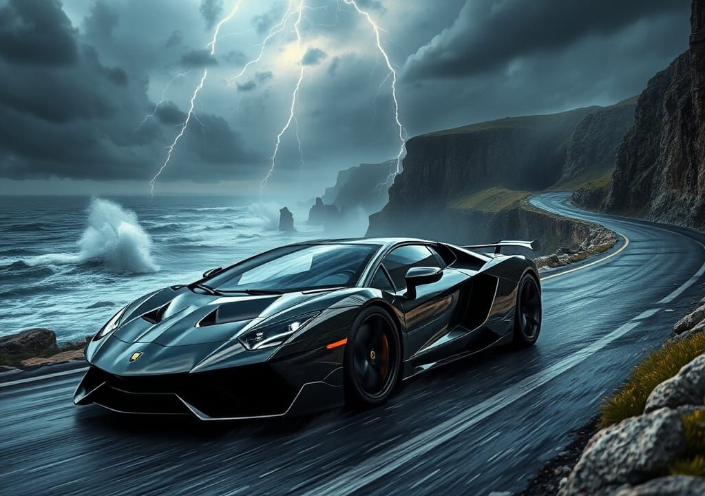Supercar Races Cliffside Road in Fierce Storm