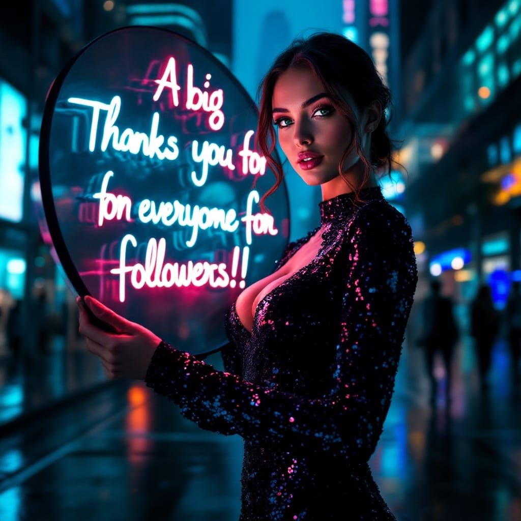 Photorealistic full body picture of a beautiful and sensual woman wearing a flashy tight dress holding a large bright ne...