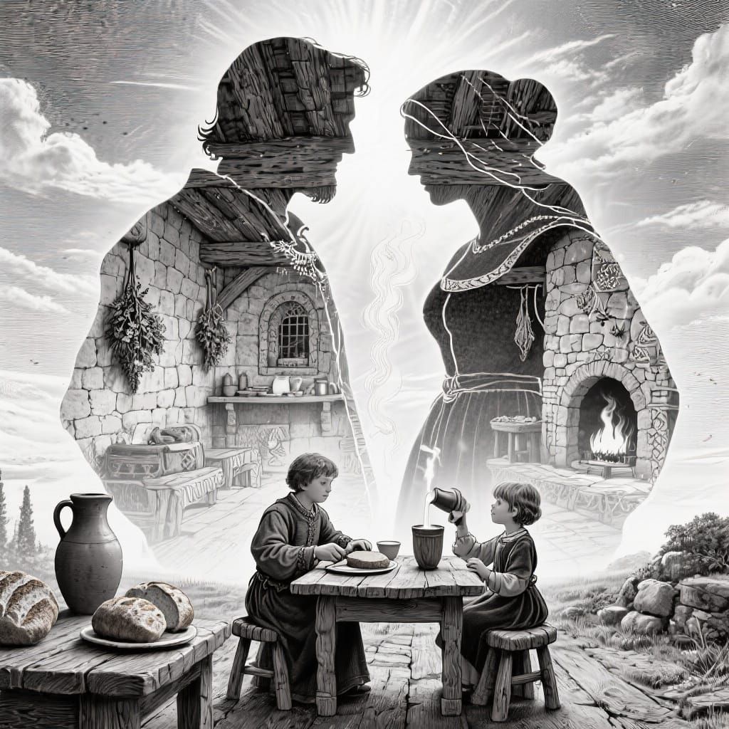 Surreal Medieval Silhouette Double Exposure in Line Art