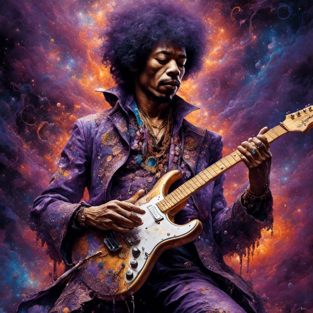 Cosmic Jimi Hendrix in Purple Haze, Maximalist Style