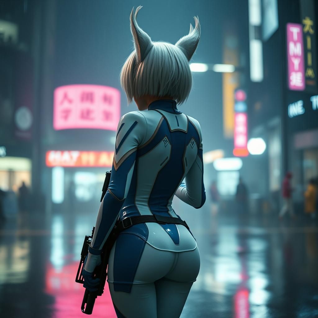 Catgirl in Rain with Rifle: Cinematic Film Still