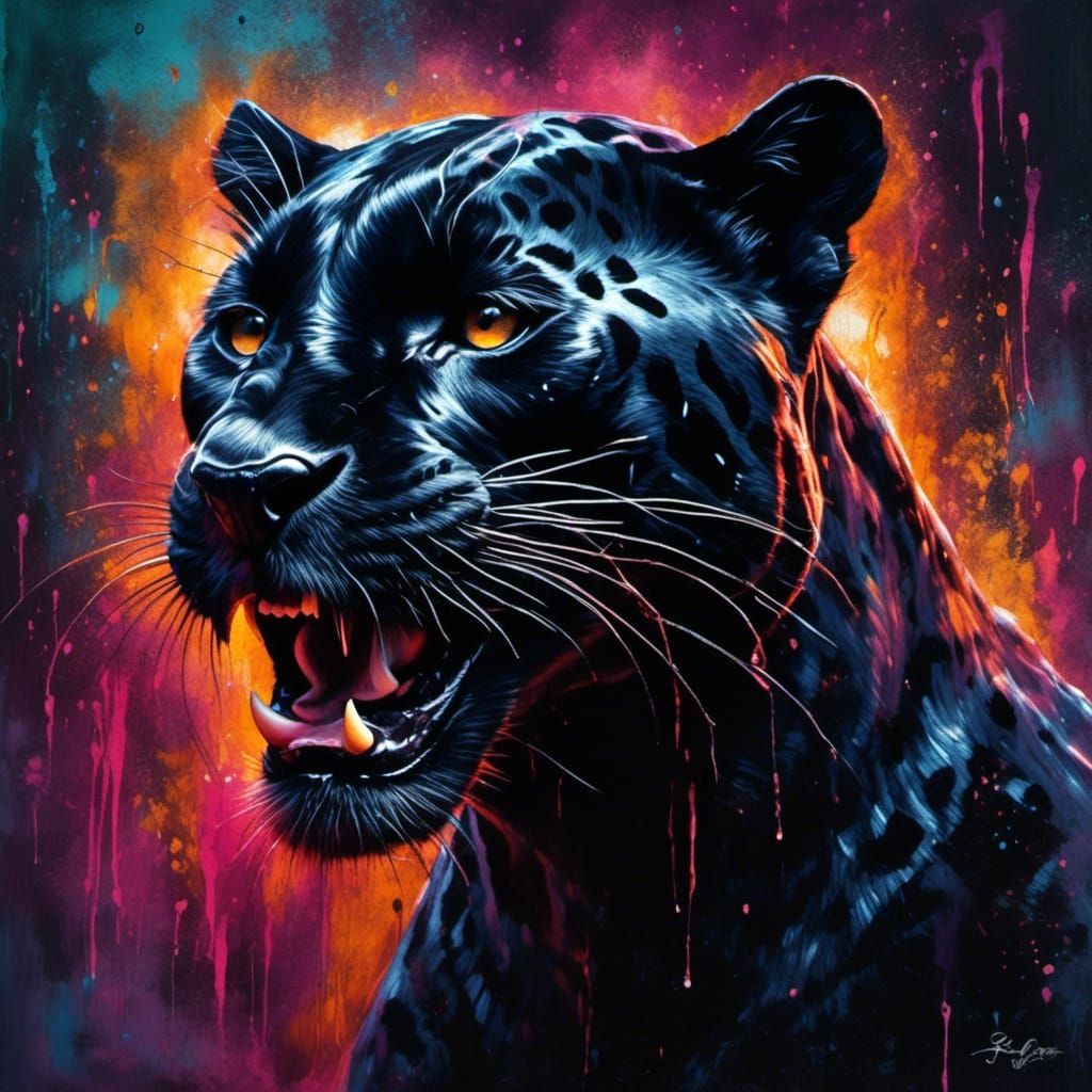 Majestic Black Panther Roars with Triadic Bioluminescent Fur...