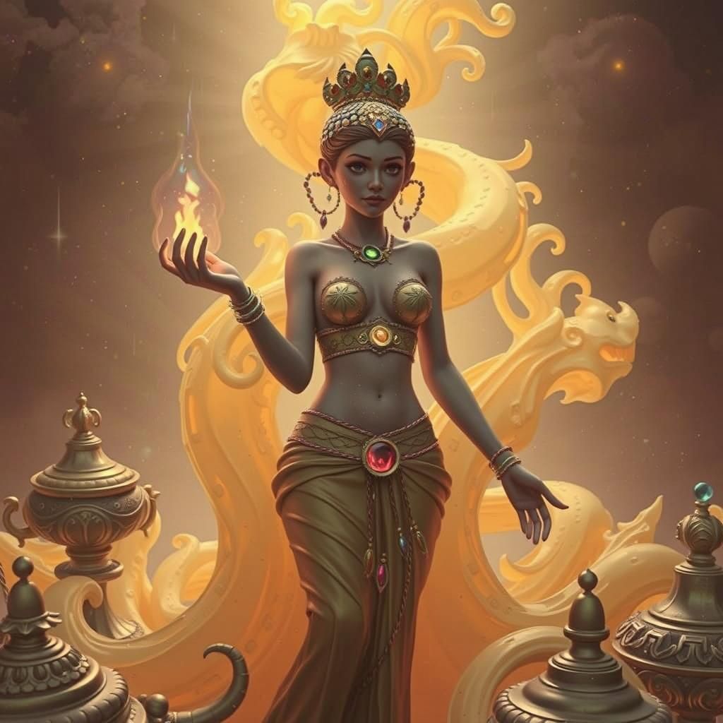 Bioluminescent Rainbow Gemstone Genie Emerging from Golden L...