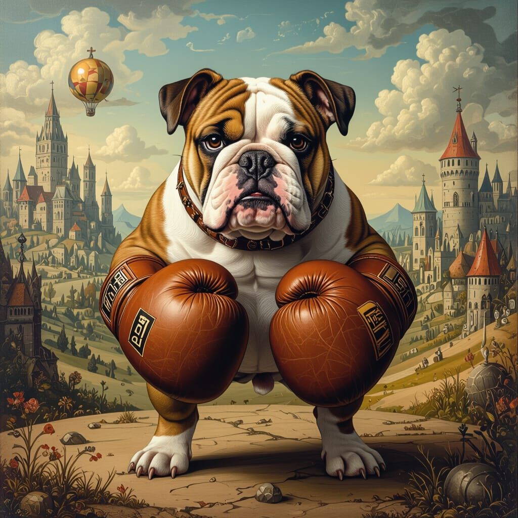 Bulldog Boxer in Surreal Medieval Landscape