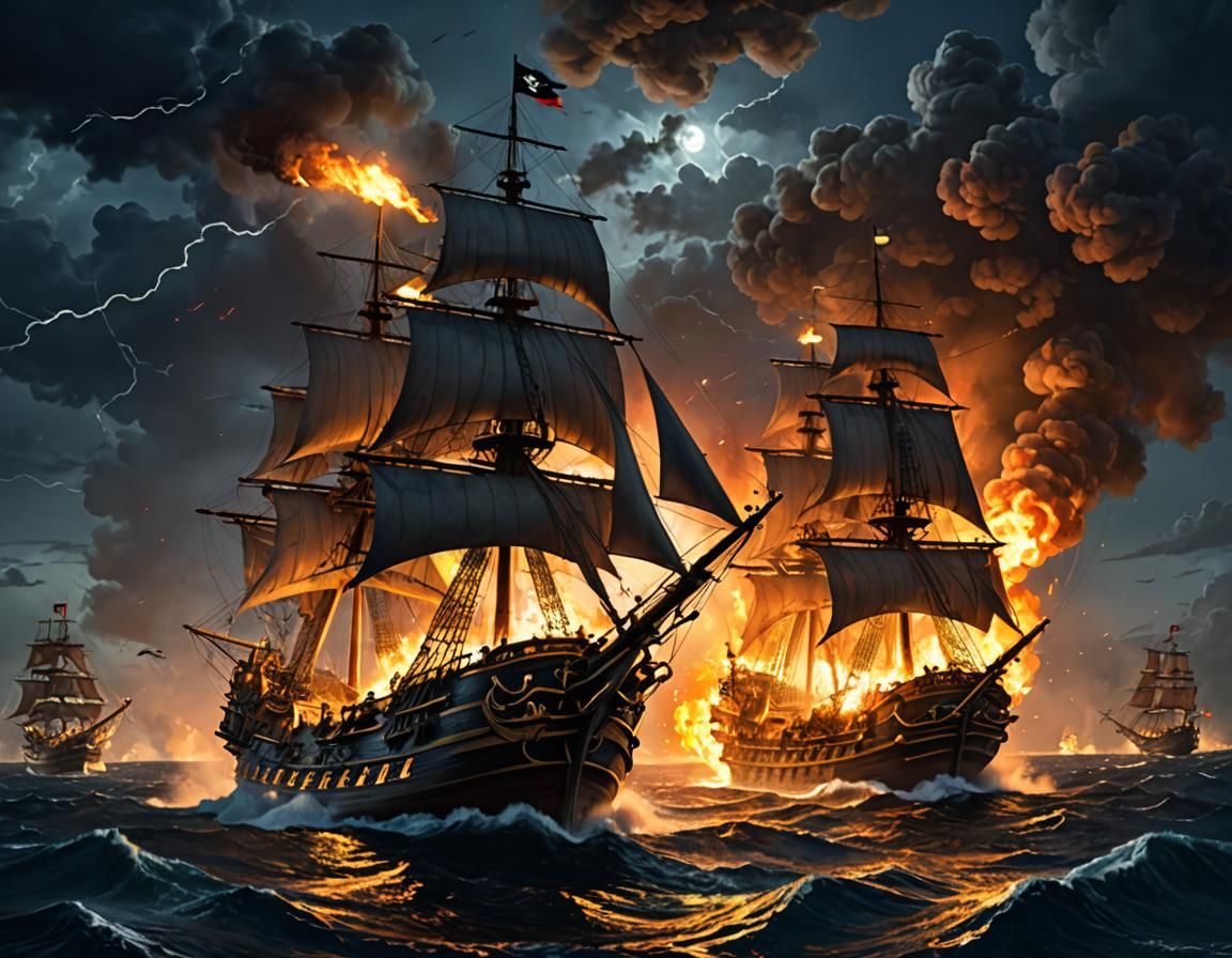 Pirate Ship Battle Under Lightning Sky