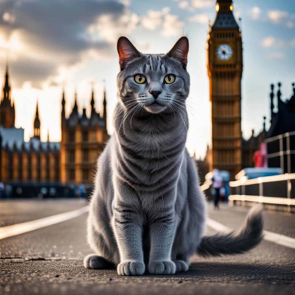 Gray Cat Sits Before Big Ben: Sharp Focus