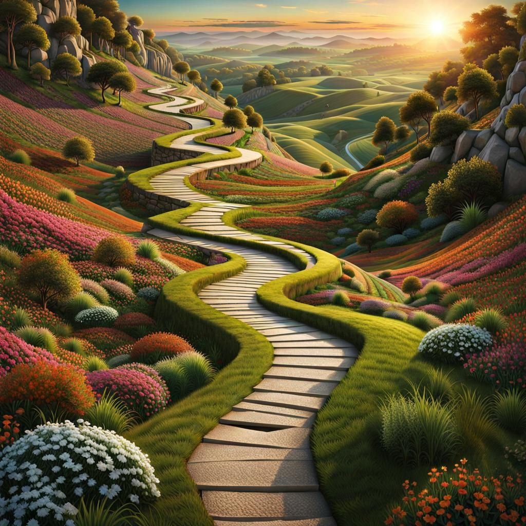 Surreal Winding Path Across Split Landscape