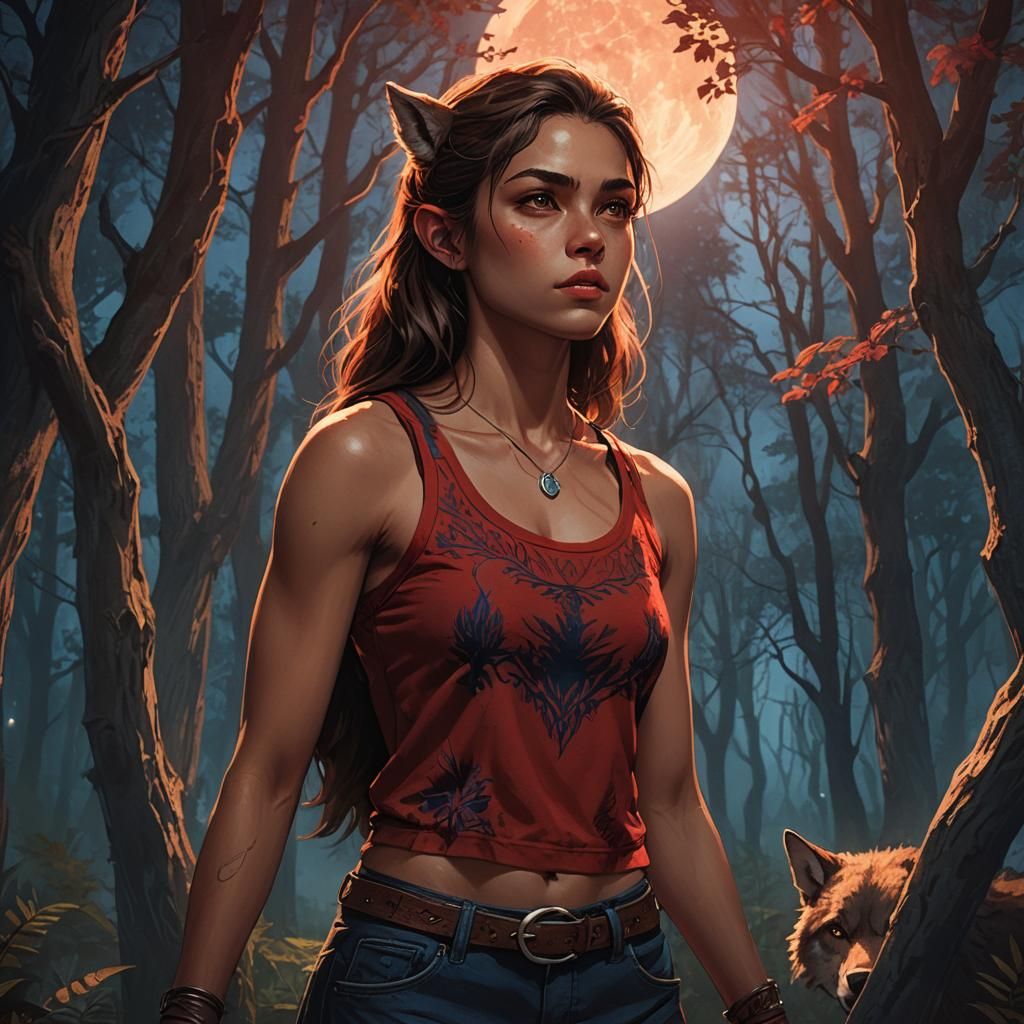 Teenage Werewolf Girl in Forest: Fantasy Concept Art