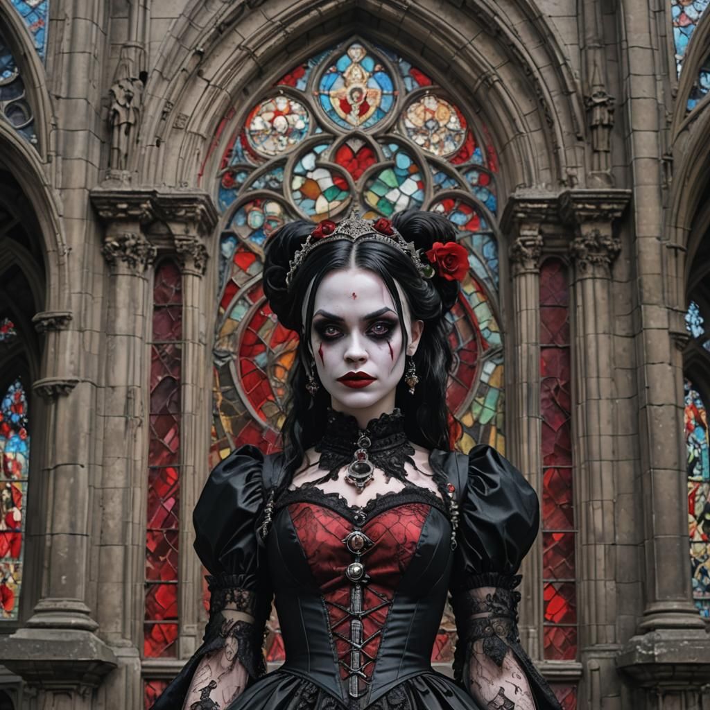 Gothic Harley Quinn in Victorian Cathedral