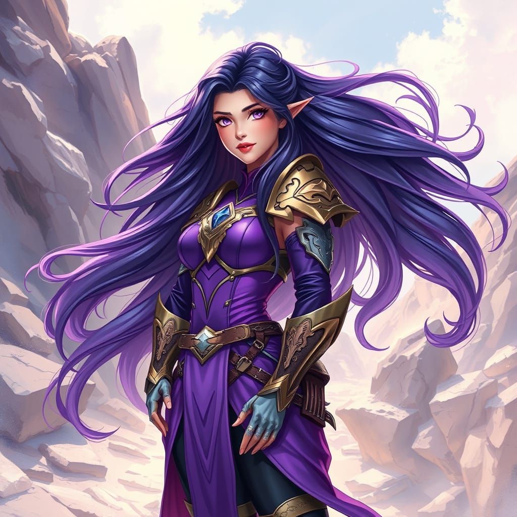 Fantastical Warrior Maiden in Vibrant Purple Attire, Standin...
