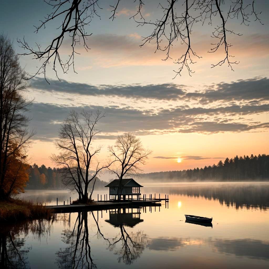 Autumn Sunset on Calm Lake with Boat