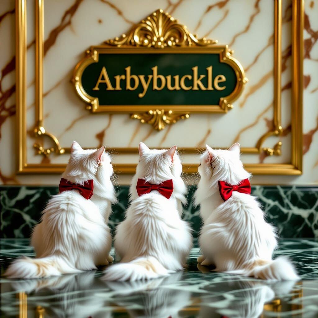 Elegant White Cats with Red Bow Ties on Royal Green Marble F...