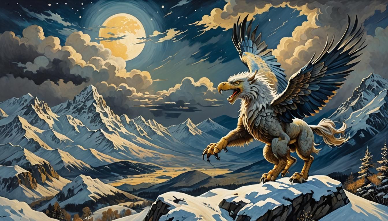Snowy Griffin Soars Over Moonlit Mountains