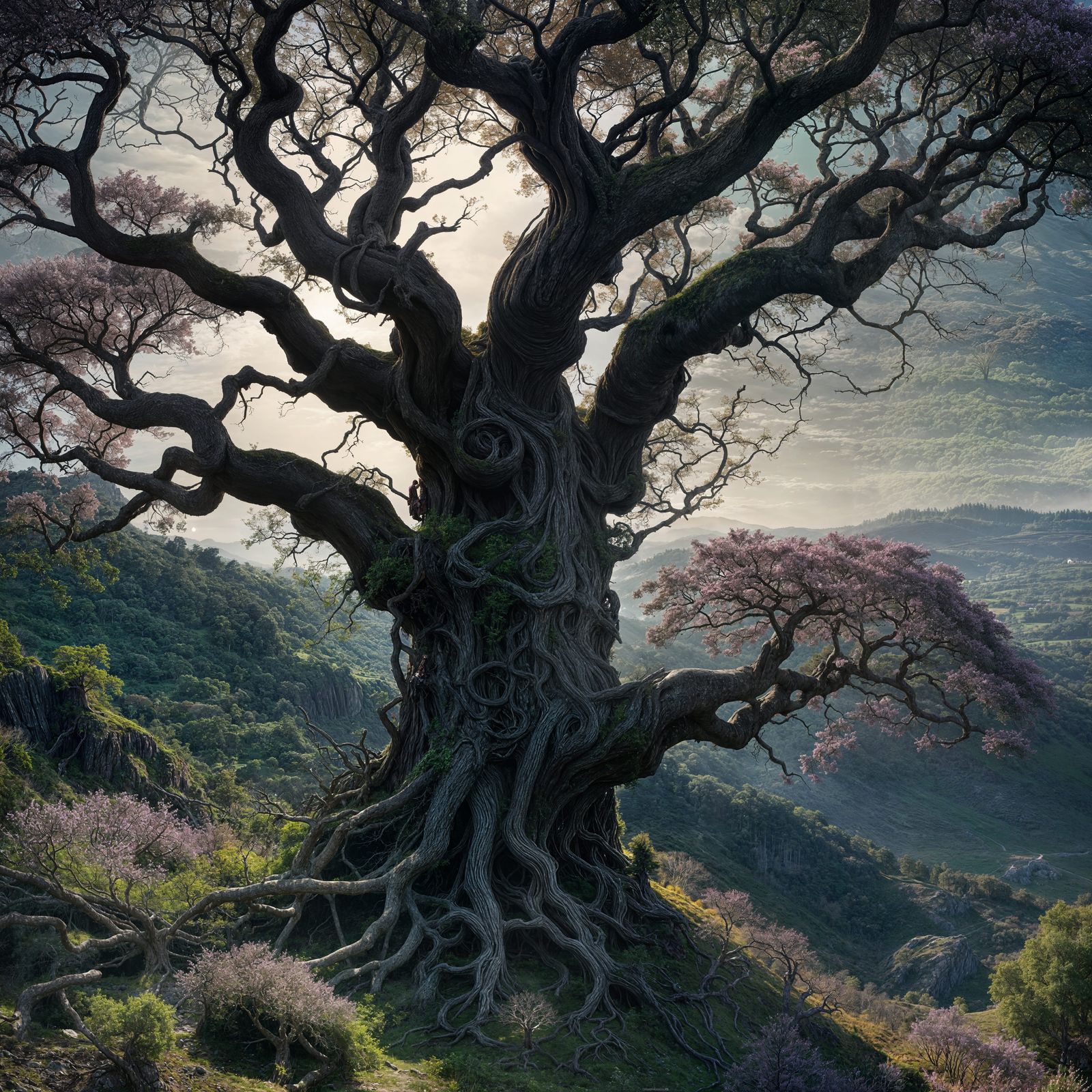 Blooming Tree on Hillside in Dark Fantasy Style