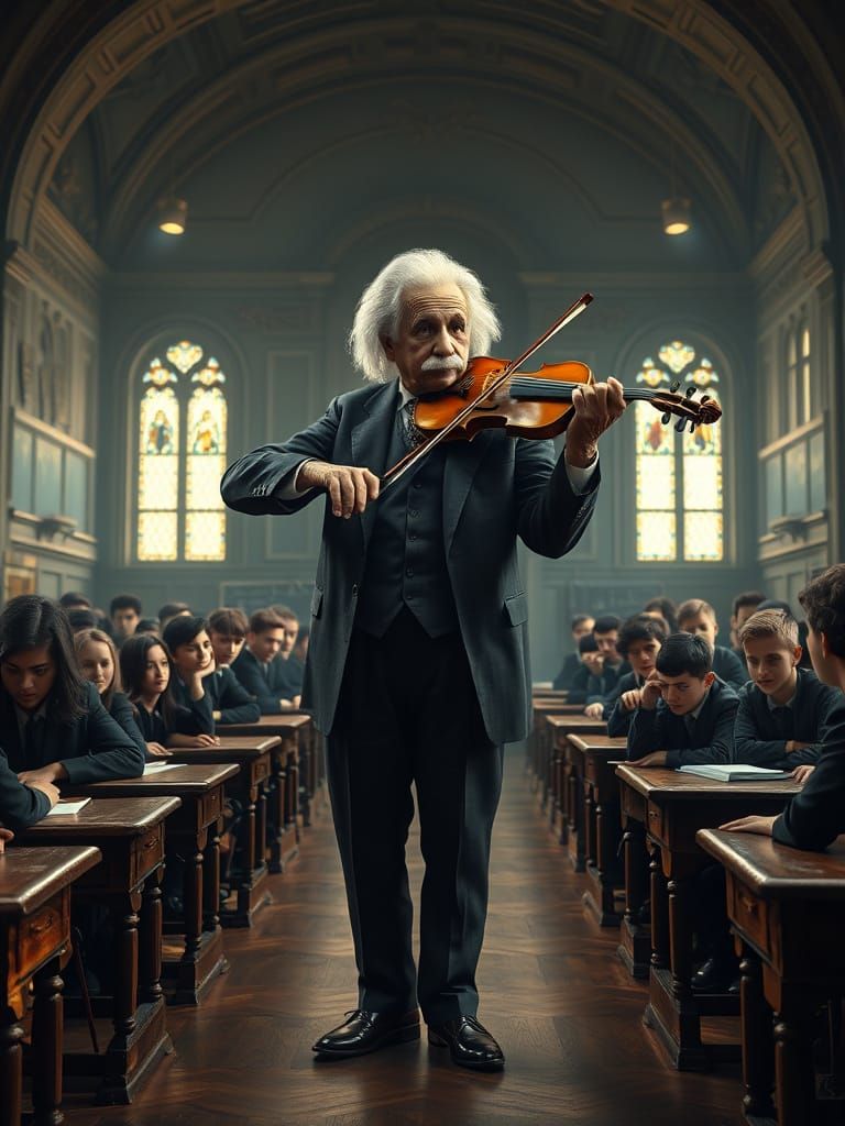 Einstein Performs Violin in Enchanted Academic Hall