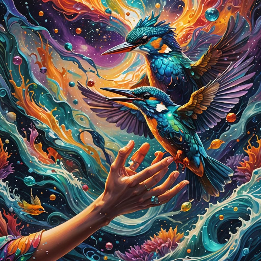 Cosmic Kingfisher Birds in Liquid Oceans