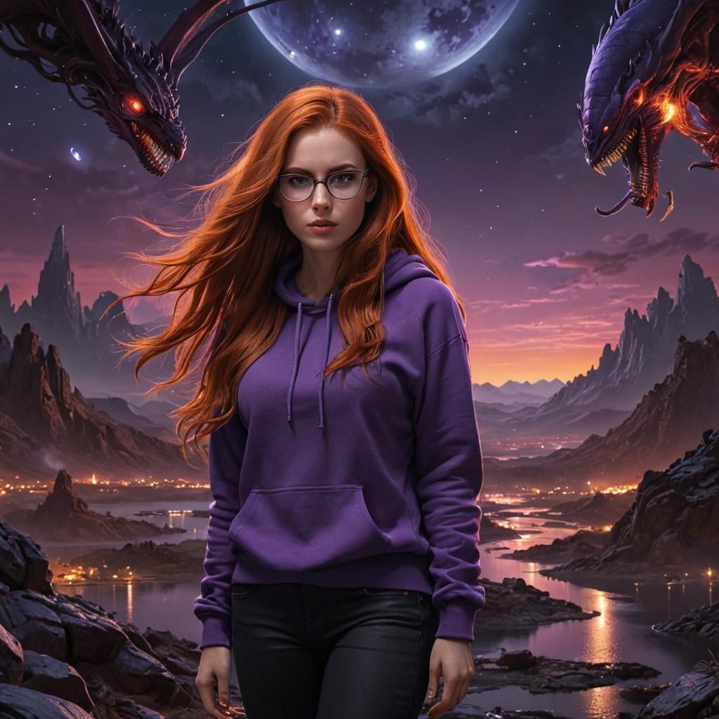 Vivid Alien Landscape with Red-Haired Woman
