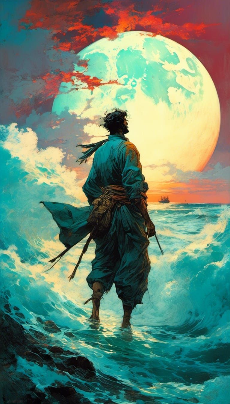 Epic Blue Waves Under Moon, Hokusai Style