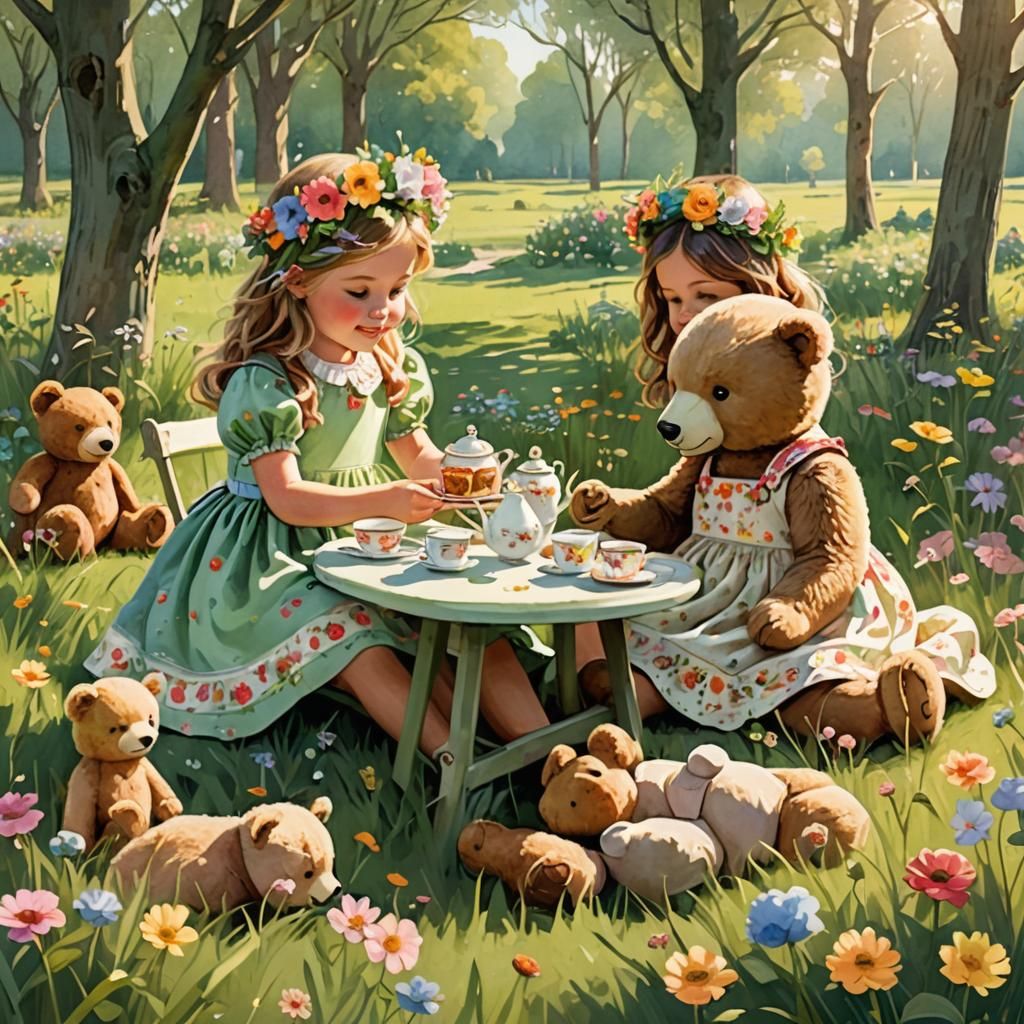 Girls' Teddy Bear Tea Party in Lush Meadow