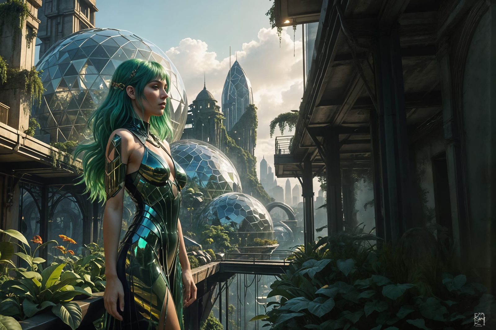 Solarpunk Rooftop Garden with Geodesic Domes