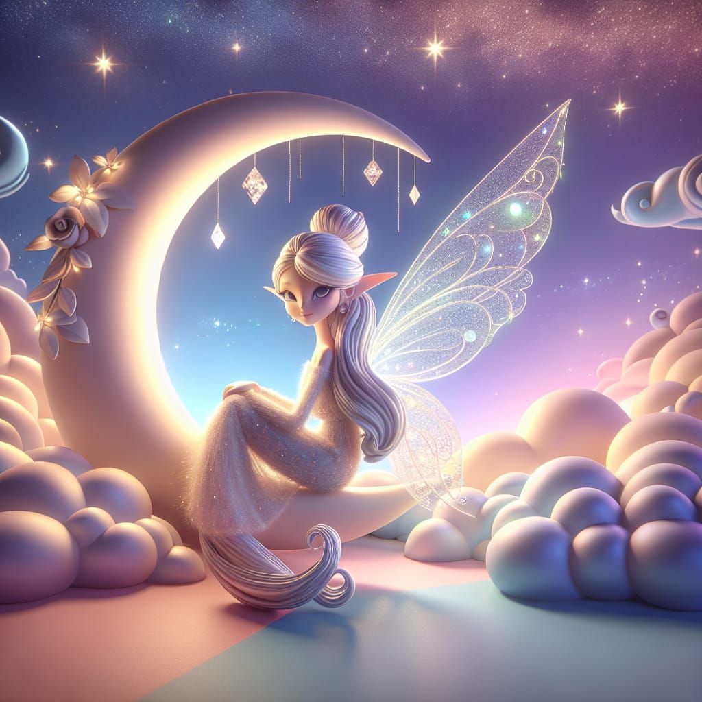 Disney Pixar style 3D beautiful Seelie fairy sitting on a crescent moon in a dreamy night sky. The fairy has delicate fe...