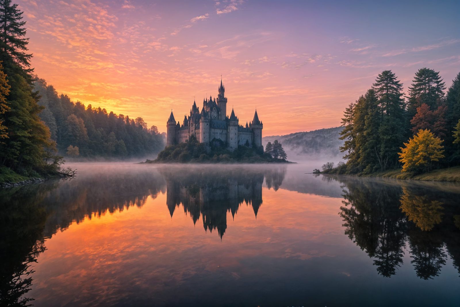 Glowing Castle at Dawn over Tranquil Lake