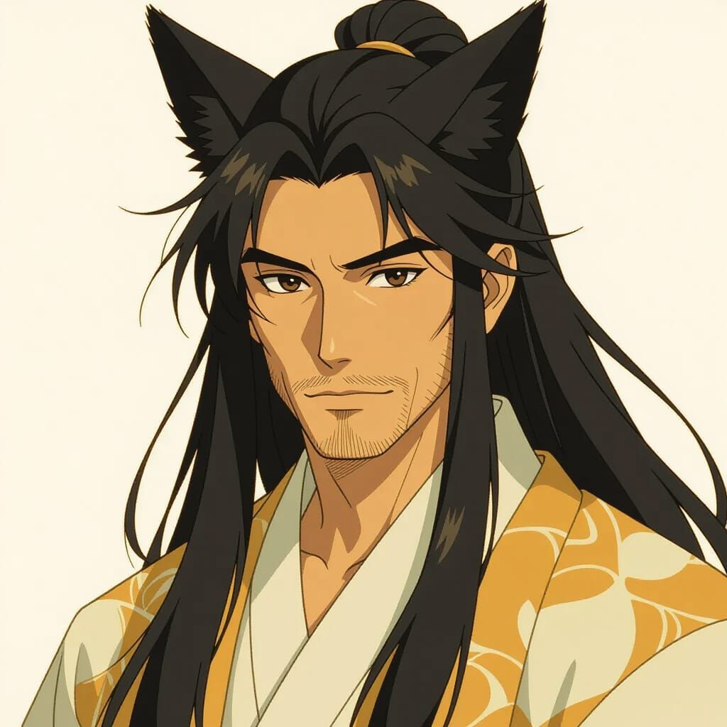 Ethereal Japanese Kitsune Man in Dreamy Watermark Style