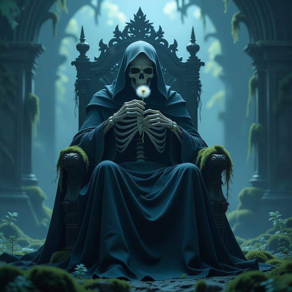 Death Contemplating Dandelion Root in Ethereal Light