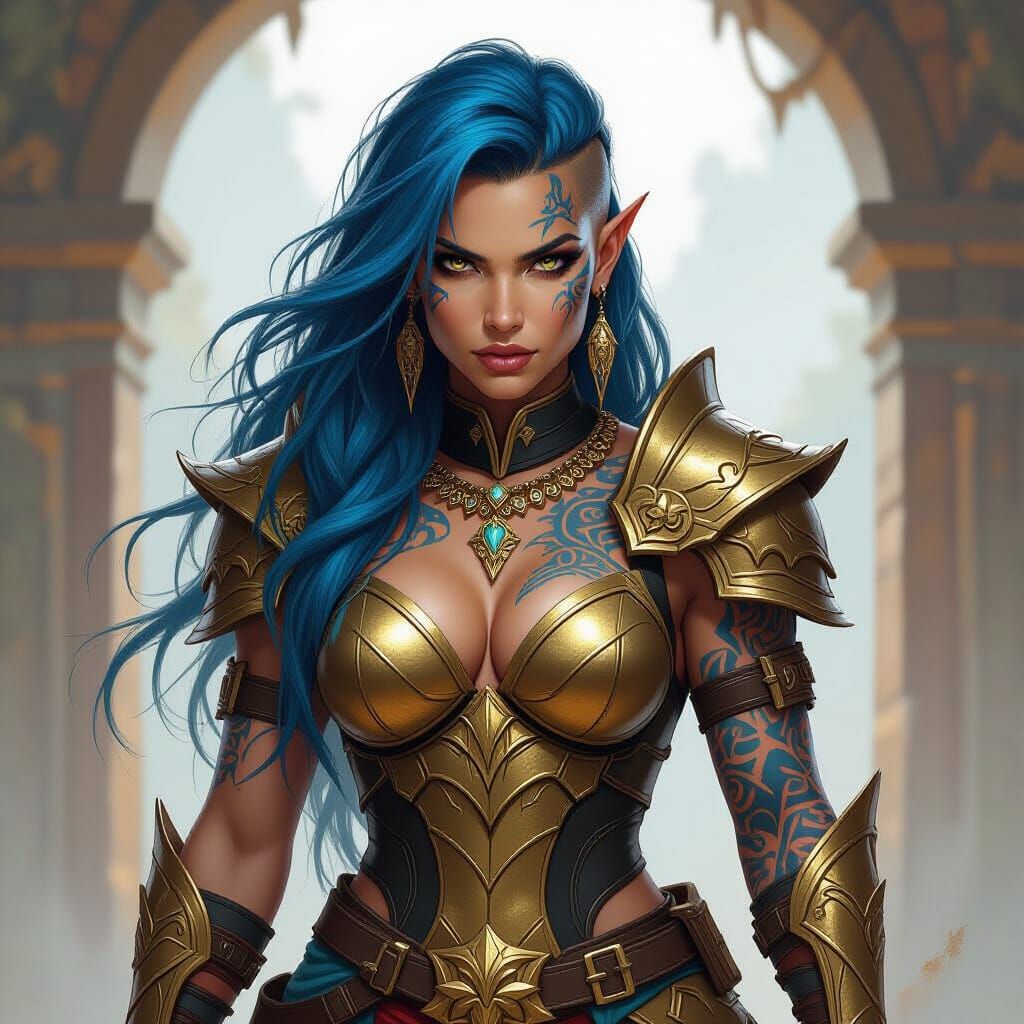 Dragonborn Barbarian with Blue Hair and Gold Armor