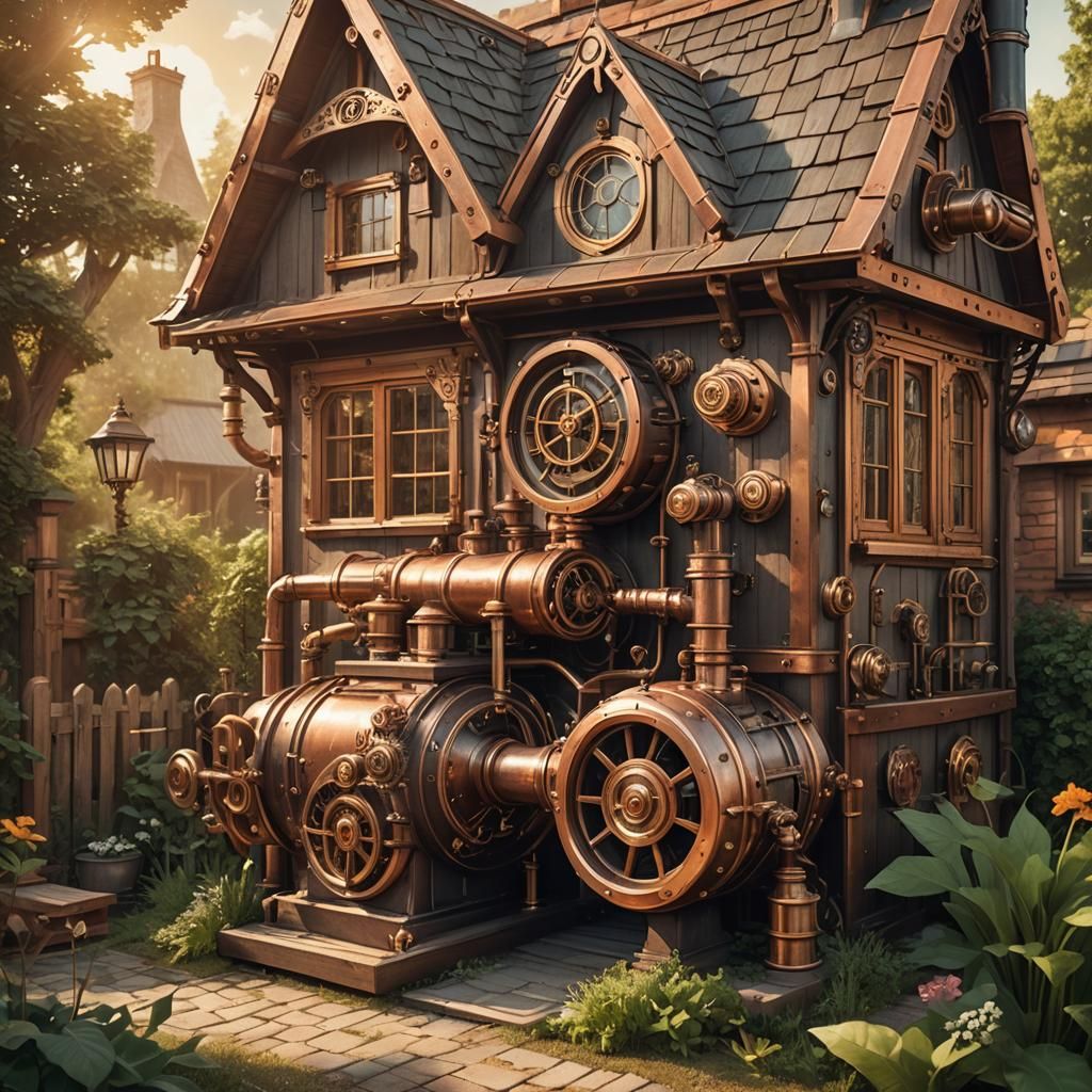 Steampunk Cottage with Engine in Vintage Sci-Fi Style