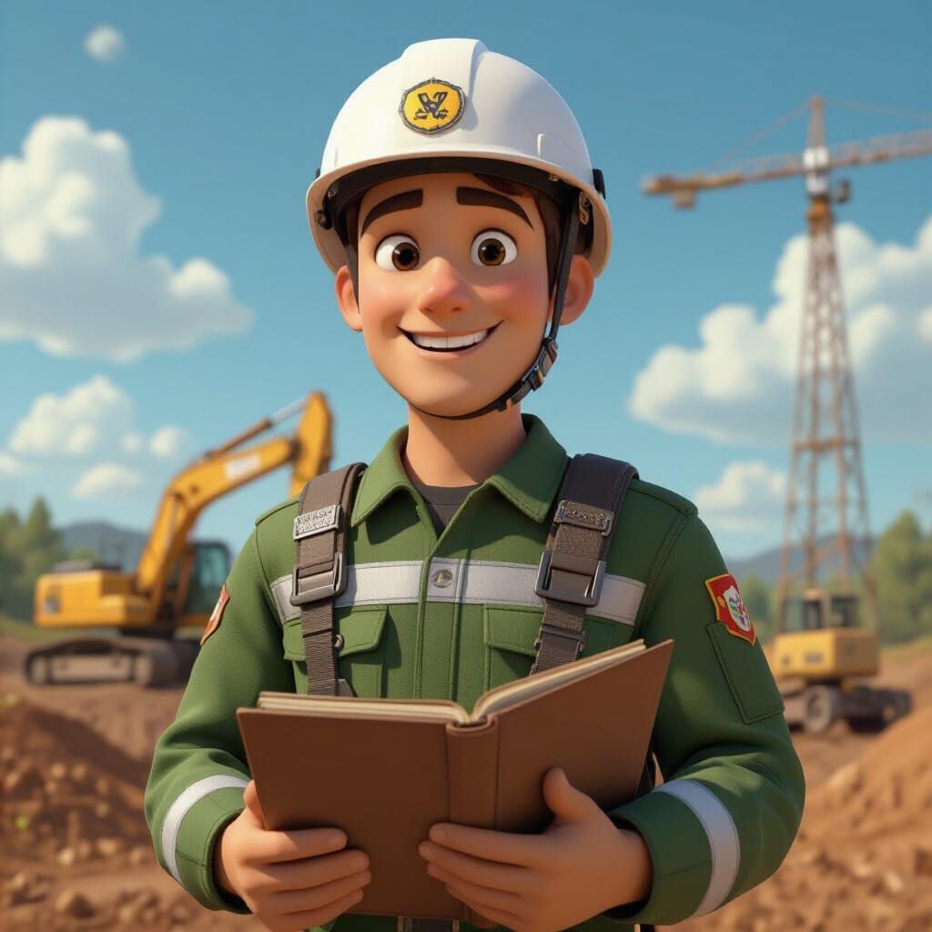 Animated 3D Character in Protective Gear Holding Folder