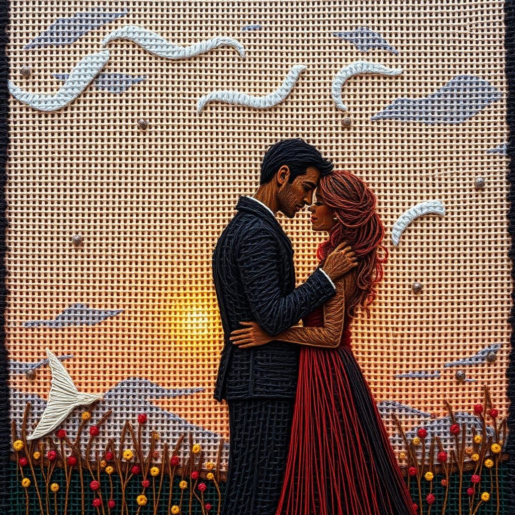 Cross-Stitch Lovers Under Sunset, String Art