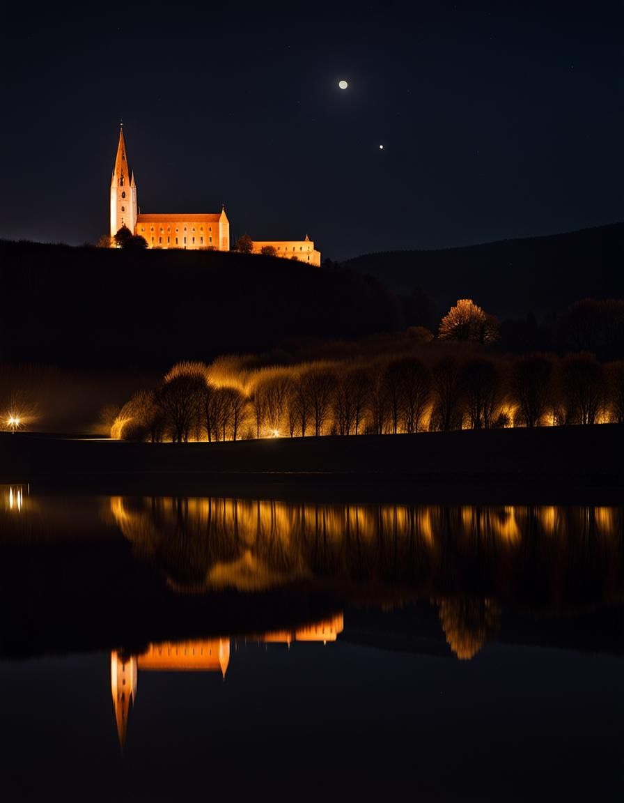 Volcanic Eruption at Night by Lake