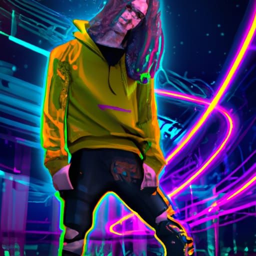 Cyberpunk Outfit with Neon Yellow Hoodie, Digital Art
