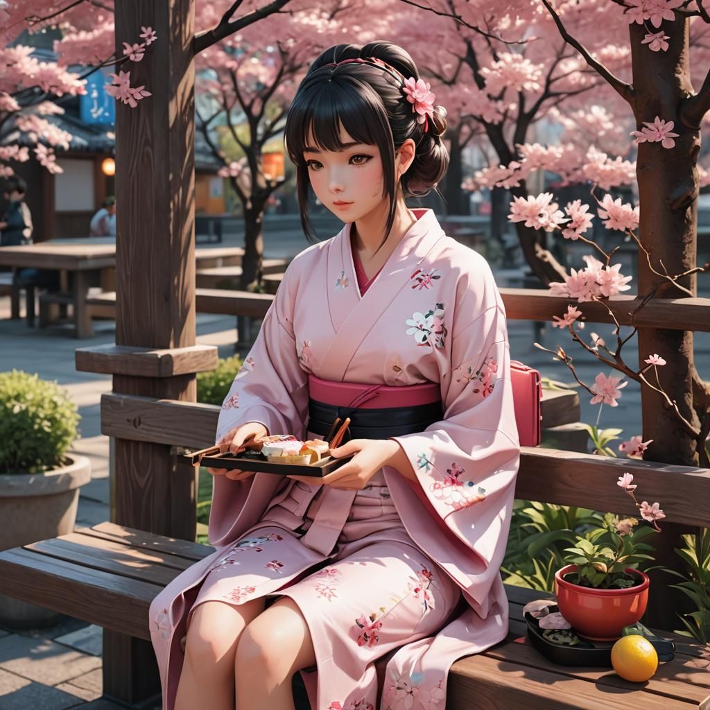 Anime Girl in Kimono with Bento Box, 3D Art