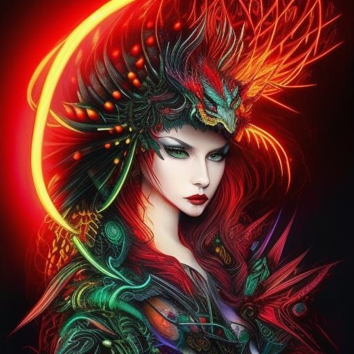 Red Neon Dragon in Dystopian Fantasy Art