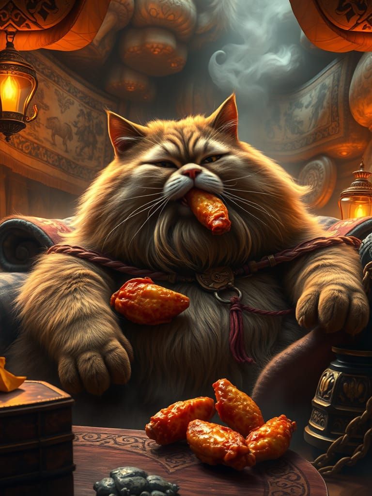 A Rotund Feline Devours Chicken Wings in Luxurious Settings