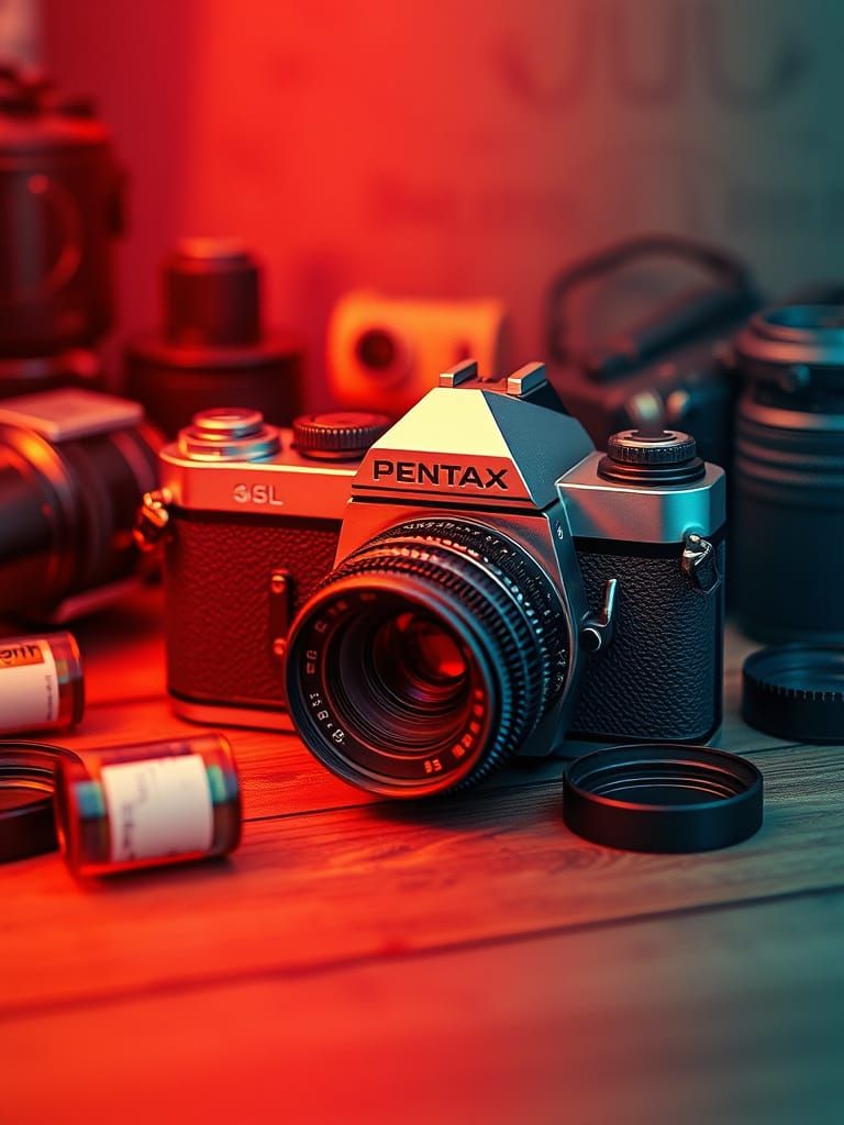 Vintage Pentax Camera with Gradient Pastel Glow