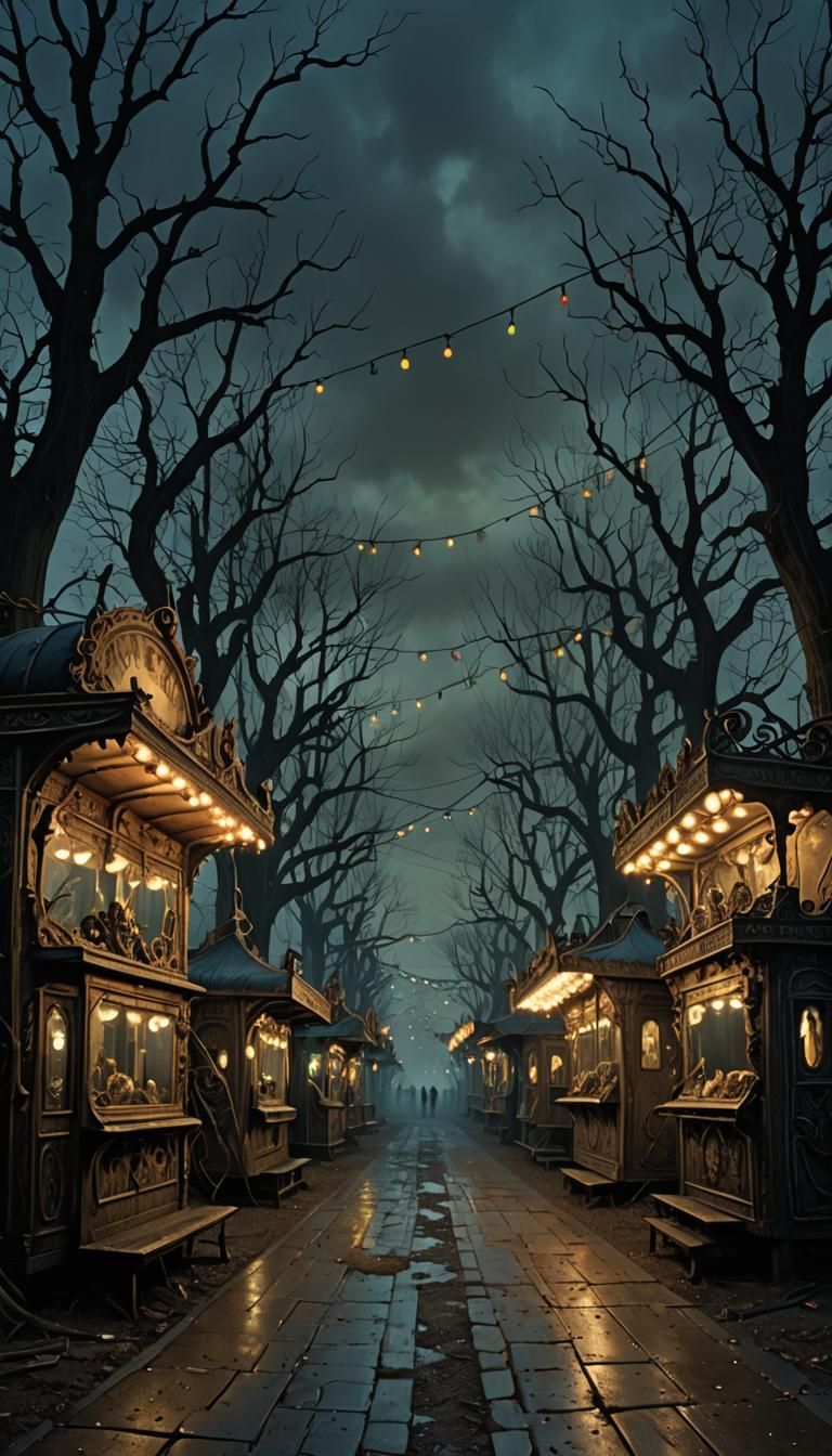 Eerie Carnival Midway at Dusk in Gothic Style