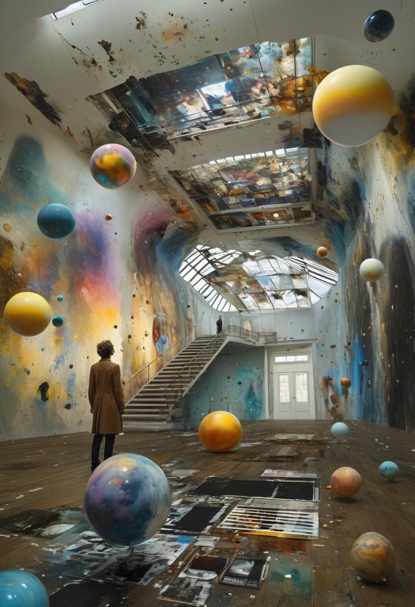 Vast Art Gallery with Diverse Artworks in Surreal Style