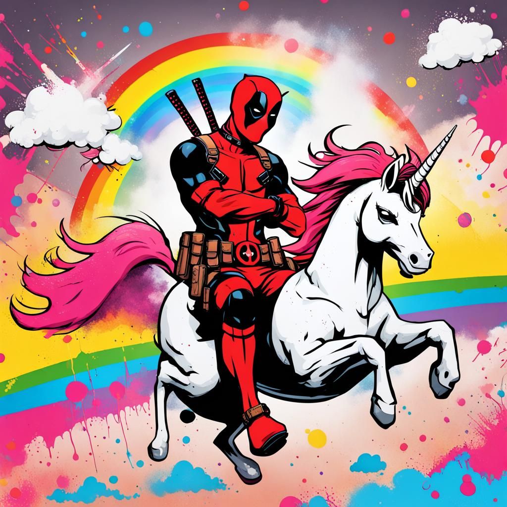 Deadpool on Unicorn in Graffiti Art Style