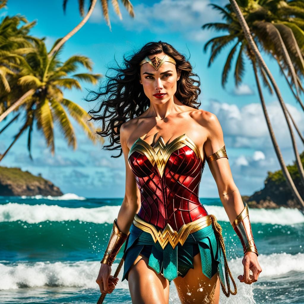 Wonder Woman on Tropical Beach, Comic Book Art