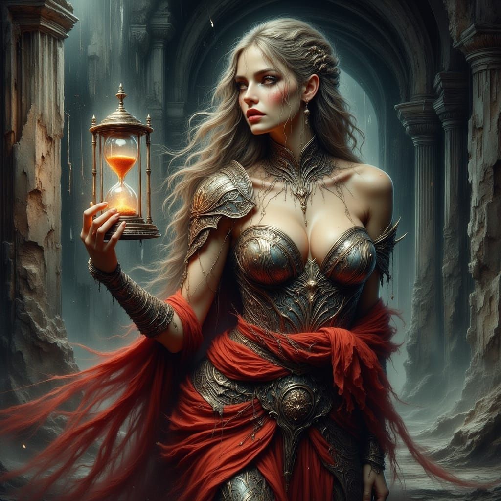 Greek Goddess with Hourglass in Fantasy Art Style