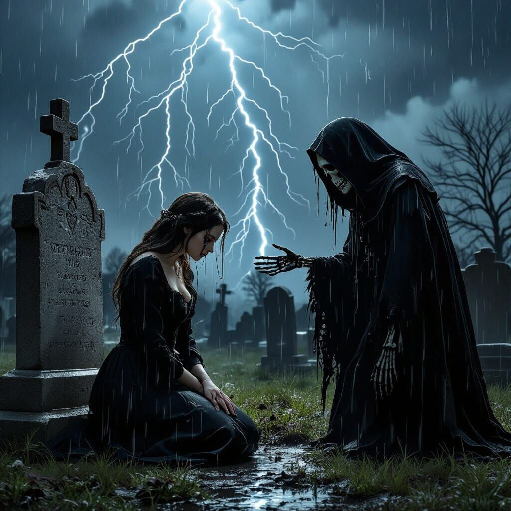 Gothic Baroque Grief: Woman and Skeleton in Storm