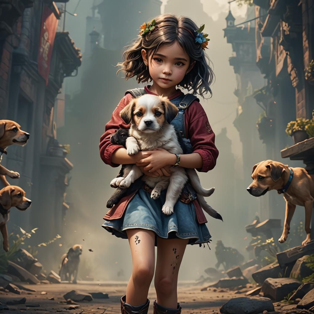 Girl Holding Puppy: Detailed Matte Painting