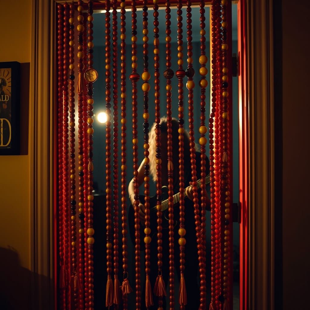 Beaded Curtain Obscures Hippie Guitarist in Sci-Fi Style