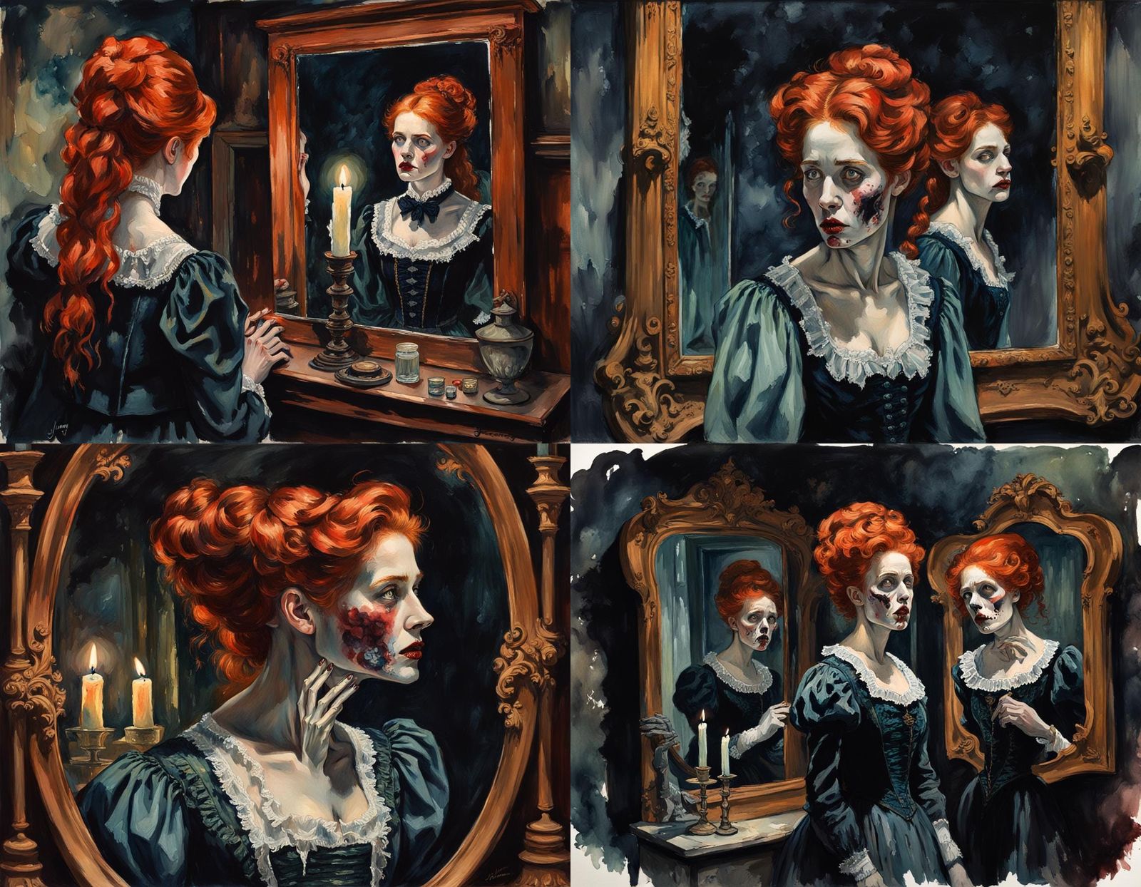 Victorian Woman's Sinister Reflection as Gouache Painting