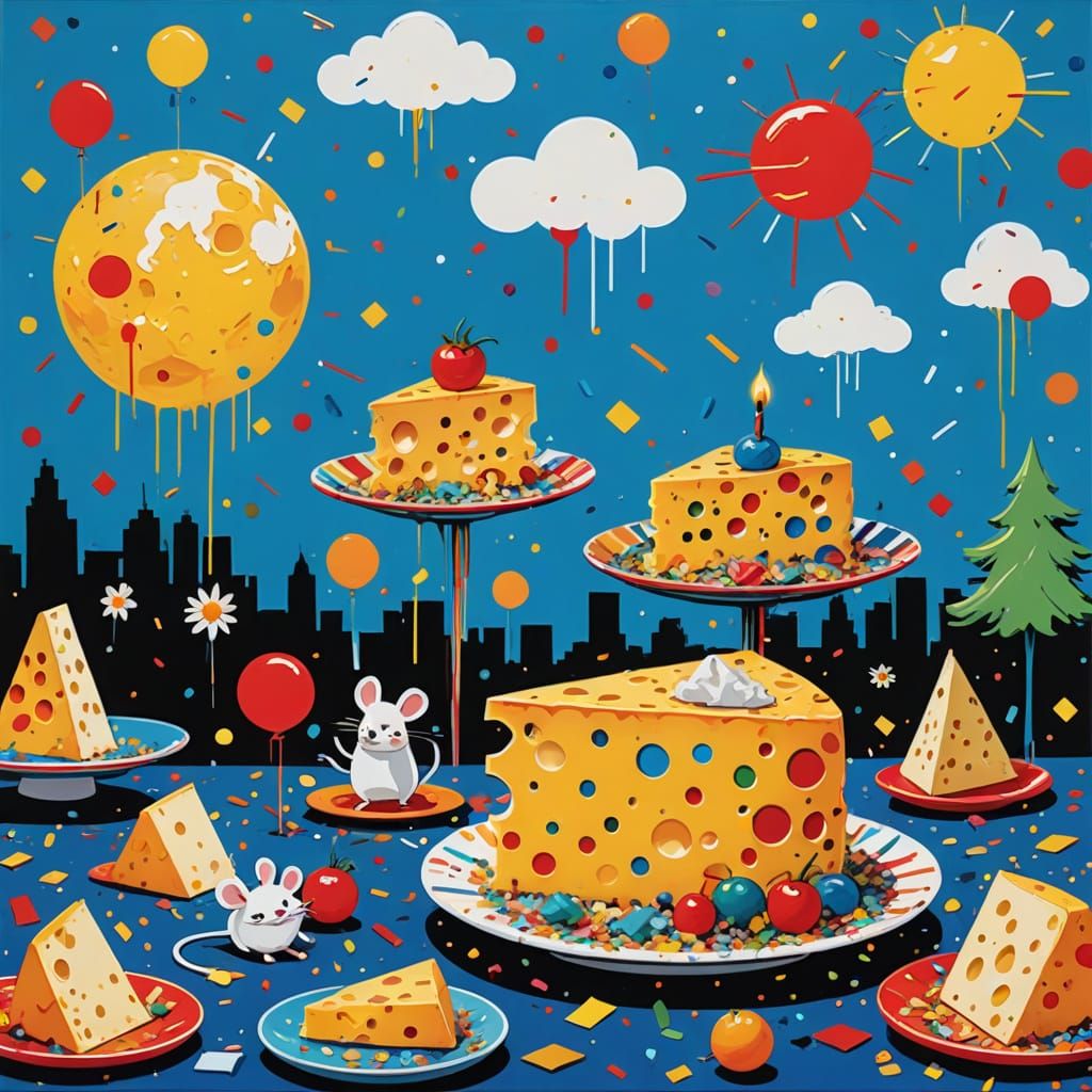 Vibrant Cheese Moon Scene with Playful Mice